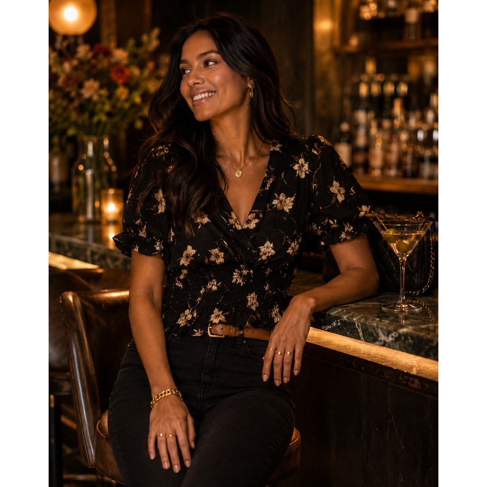 Paper Crane Black Floral Smocked Peplum Blouse Puff Sleeve Boho Top C11487AT M